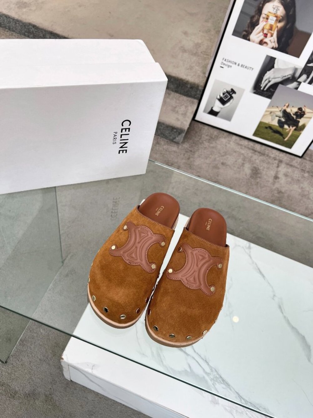 CELINE Calfskin Leather Triomphe Embossed Mules Slides Slippers - Picture 2 of 8